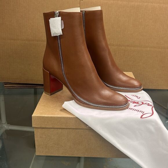 Christian Louboutin CL Zip Leather Ankle Boots Booties Brown 38.5 - Picture 7 of 8